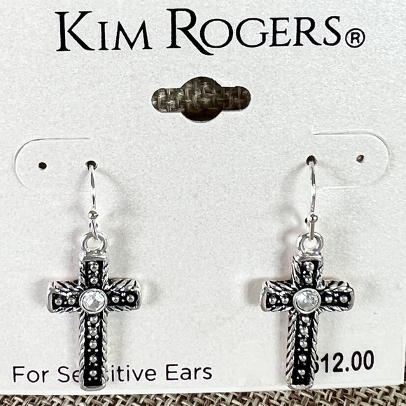 3/$25 Kim Rogers Pewter and Crystal Cross Dangle Earrings Sensitive Ears - Picture 2 of 3